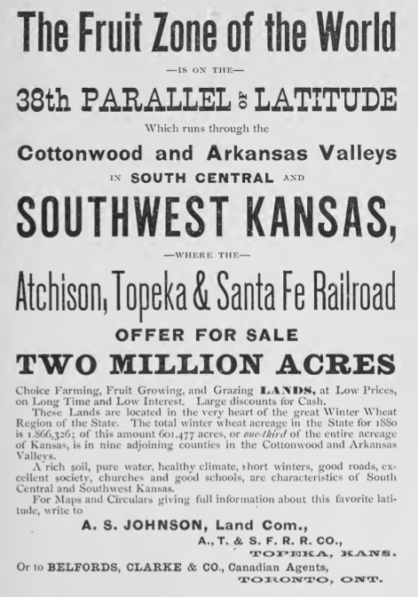 1880 land ATSFR Topeka Kansas ad
